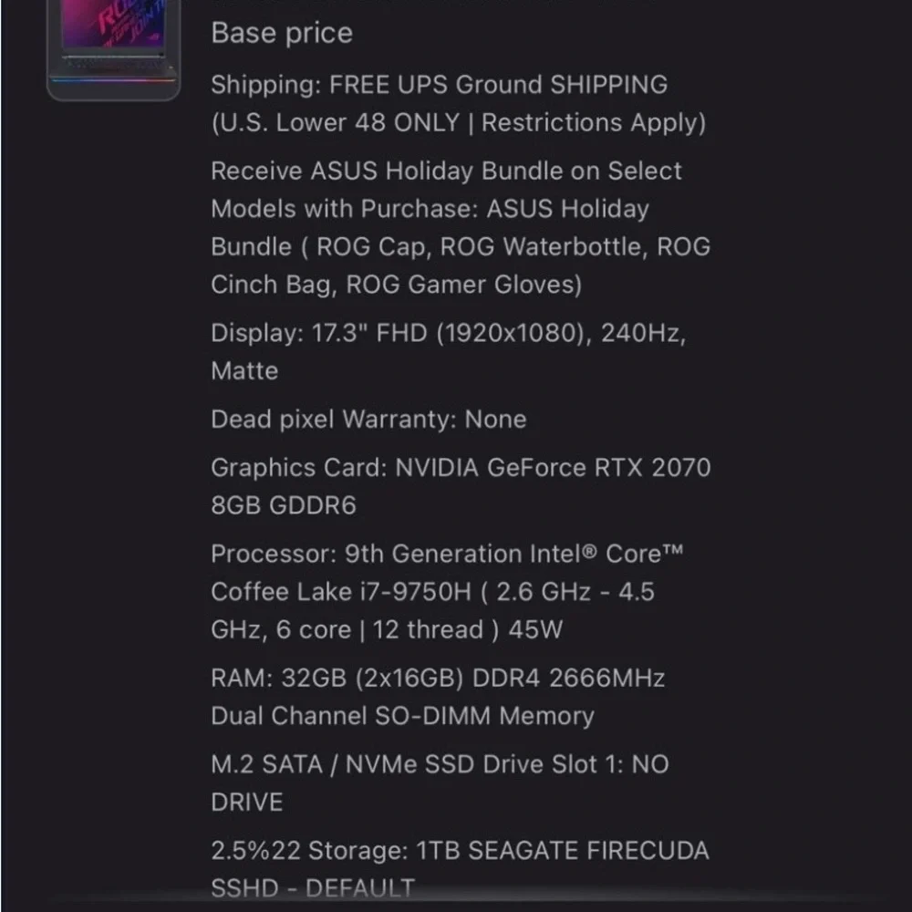 💻 ASUS ROG Scar III – RTX 2070 / i7 / 32GB RAM / 240Hz